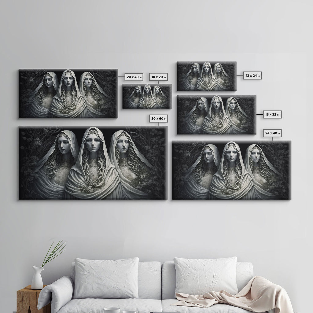 The Norns, Norse Mythology, Weavers of Fate, Framed Canvas Print, Urðr, Verðandi, and Skuld, Black and White Norse Fantasy Art | | Wiccan Center