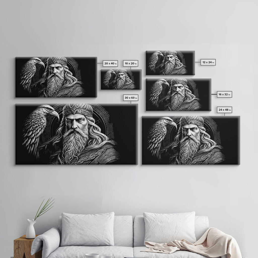 Black and White Portrait of Odin and Muninn, King of The Gods, Framed Canvas Print, Odin's Ravens, Norse Mythology Art | | Wiccan Center