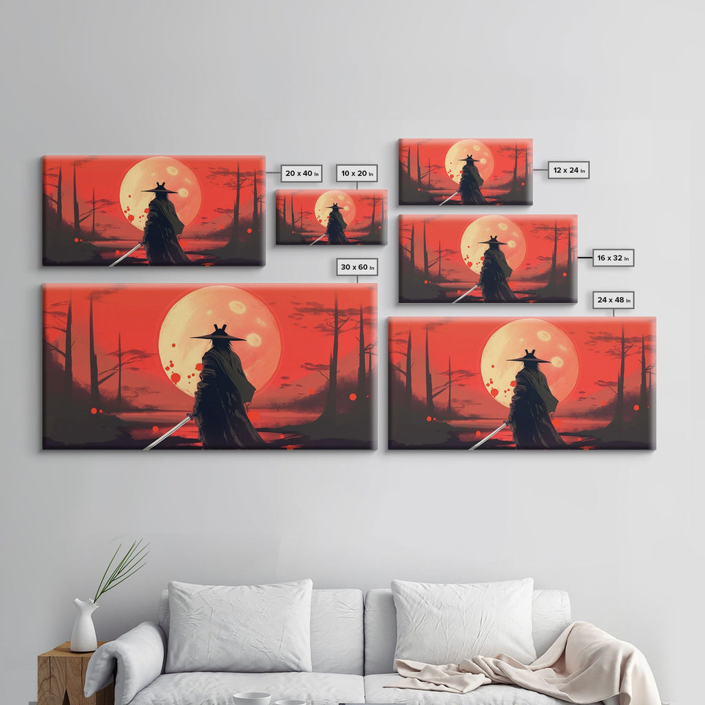 Mysterious Samurai and Blood Moon Print on Canvas, Framed Canvas Print, Modern Wall Art, Canvas Wall Set , Extra Large Wall Art, Warrior Art