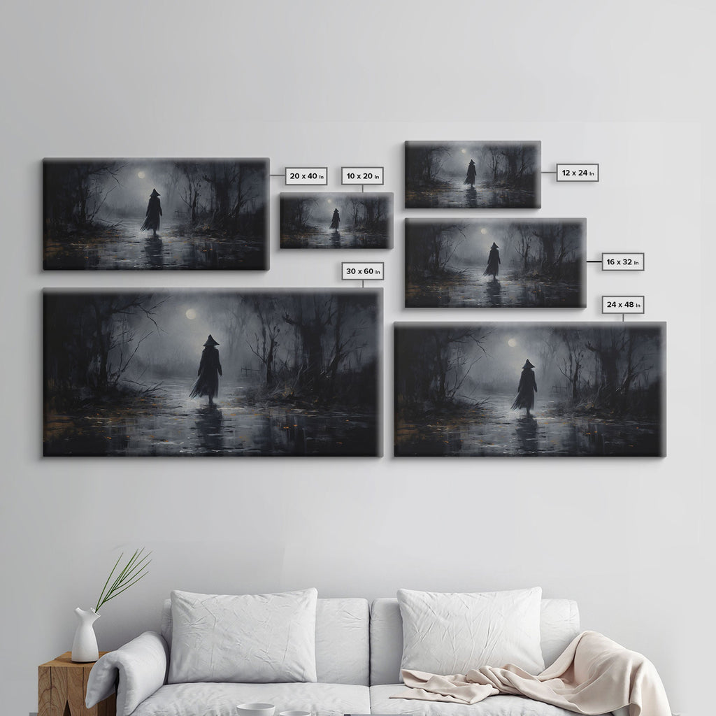 Witch Walking In The Rain Under A Full Moon, Witch Print, Framed Canvas or Poster, Victorian Oil Painting, Dark Academia, Witchcraft Decor | | Wiccan Center