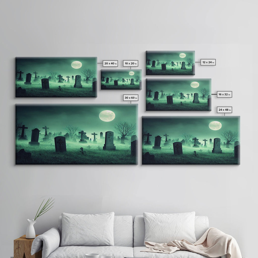 Full Moon Over A Haunted Cemetery At Night, Spooky Creepy Graveyard, ready to hang canvas print wall art, Halloween Art | | Wiccan Center