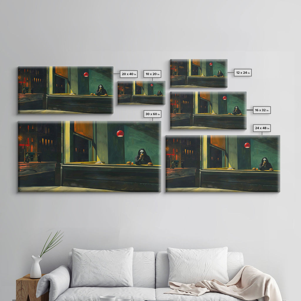 Demon Having a Cheeseburger in a Diner, Funny / Liminal Halloween Art, Framed Canvas Print