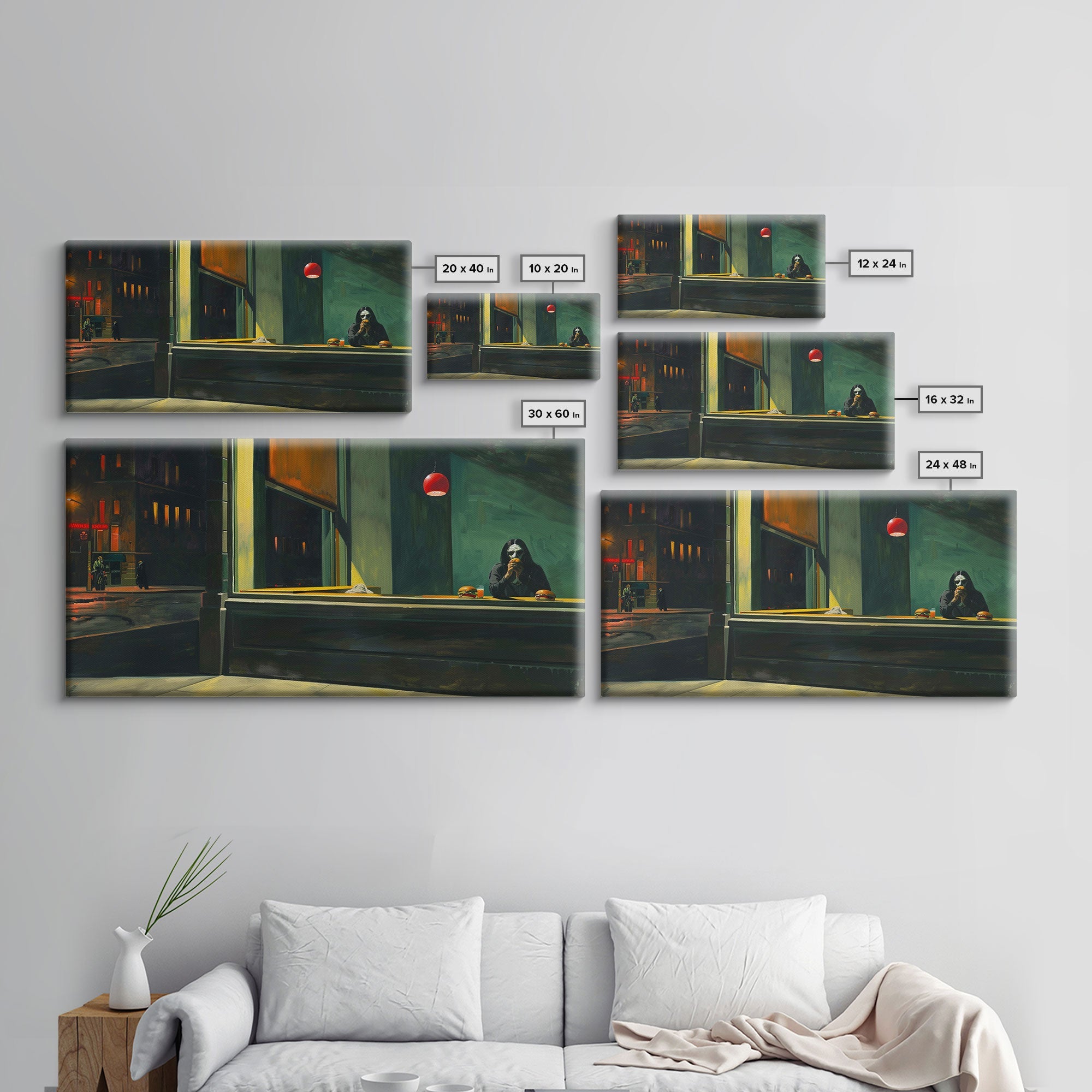 Demon Having a Cheeseburger in a Diner, Funny / Liminal Halloween Art, Framed Canvas Print