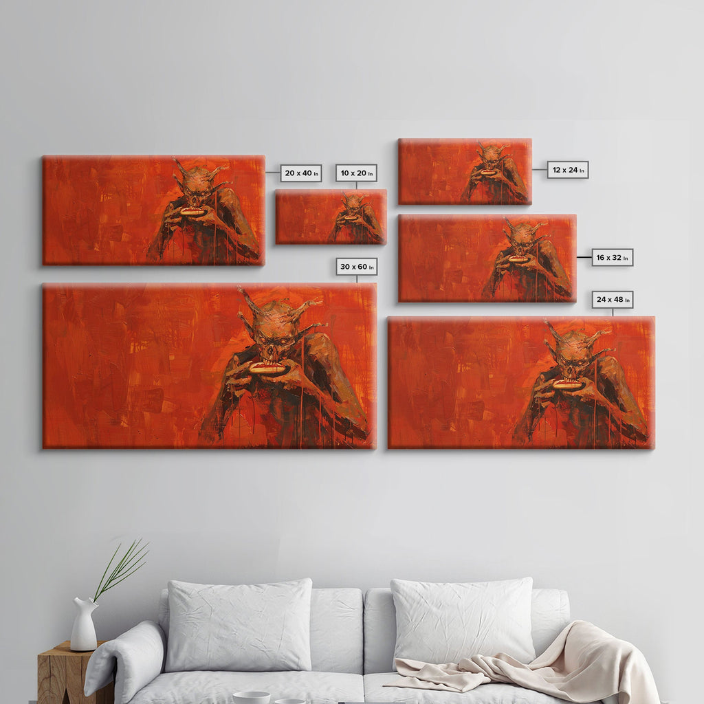 Scary Demon Having a Hot Dog, must be a baseball fan. Funny Halloween Wall Art Framed Canvas Print | | Wiccan Center