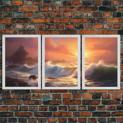 3 Piece Art Set, Seascape Painting Canvas Print, Beach House Decor, Sunset Painting, Original Painting, Boho Style Living Room Art | | Wiccan Center