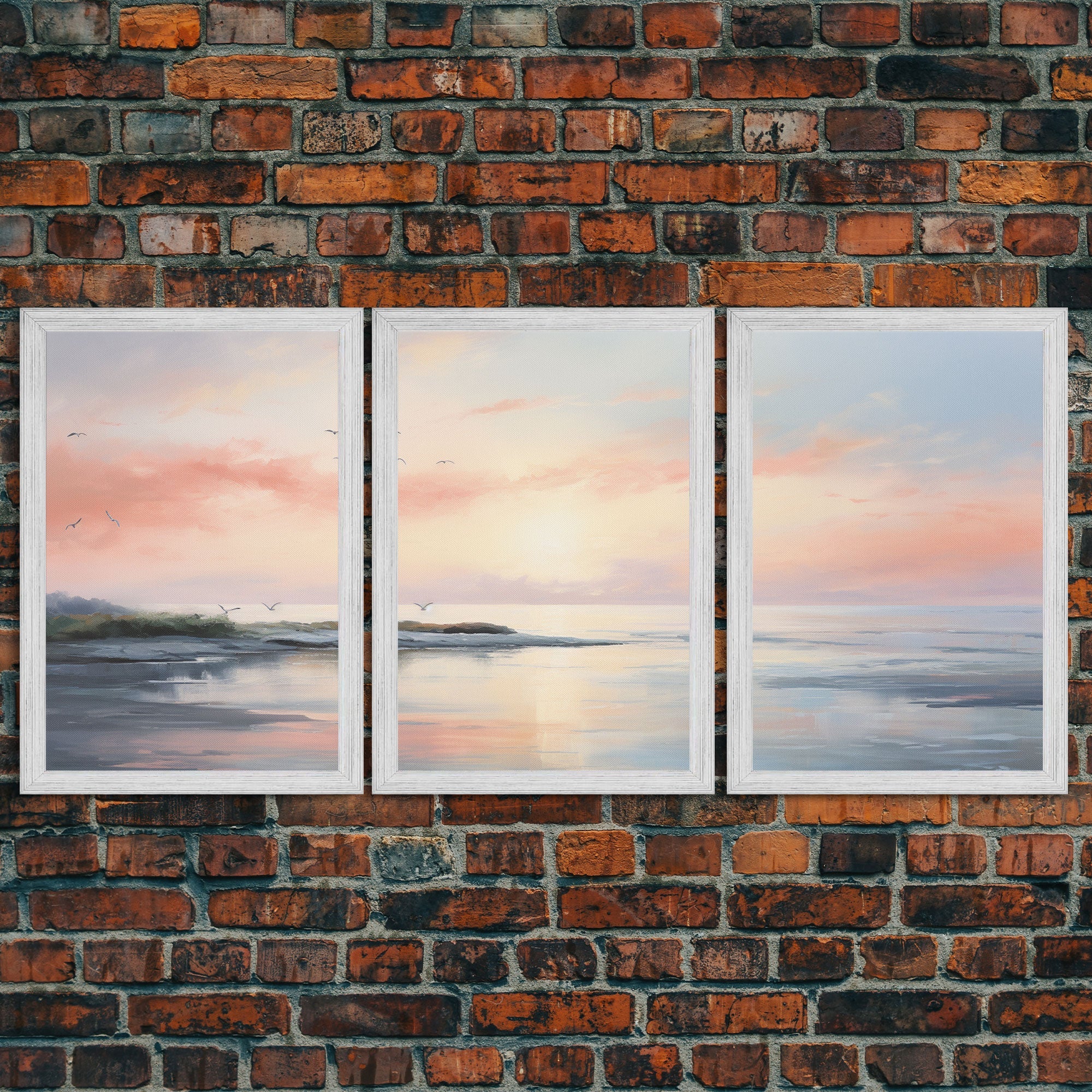 Pink Abstract Coastal Painting Canvas Print Wall Art Vintage Beach Print Girly Apartment Decor Seascape Print, 3 Piece Wall Art, Boho Decor