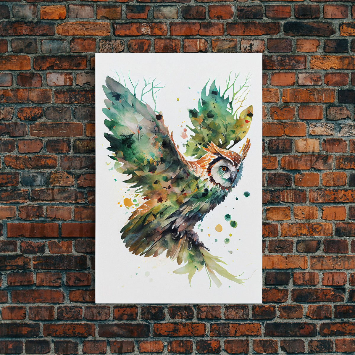 Owl made of leaves, watercolor of an owl flying, framed canvas print, farmhouse wall decor, Fall Decor, Fall Wall Art