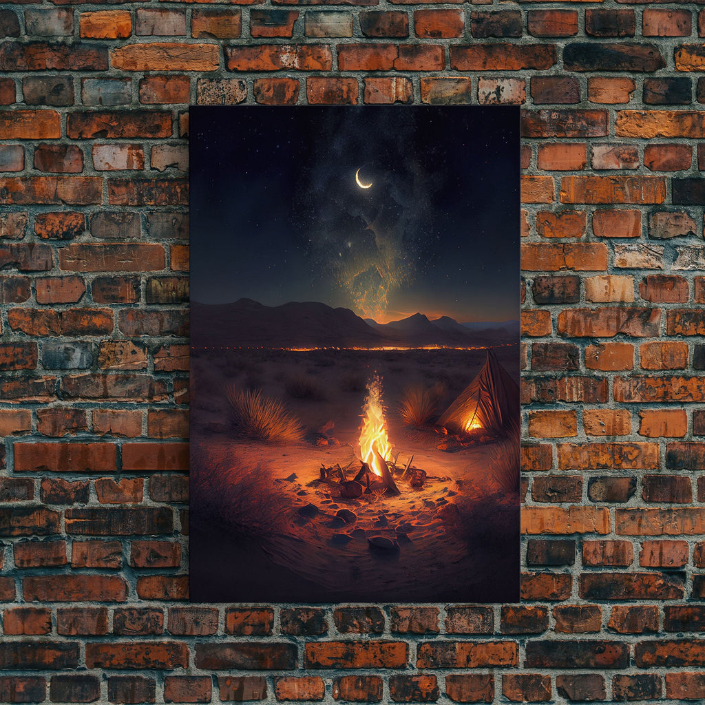 Primitive Art, Campfire under the stars, camping art, framed canvas print | | Wiccan Center