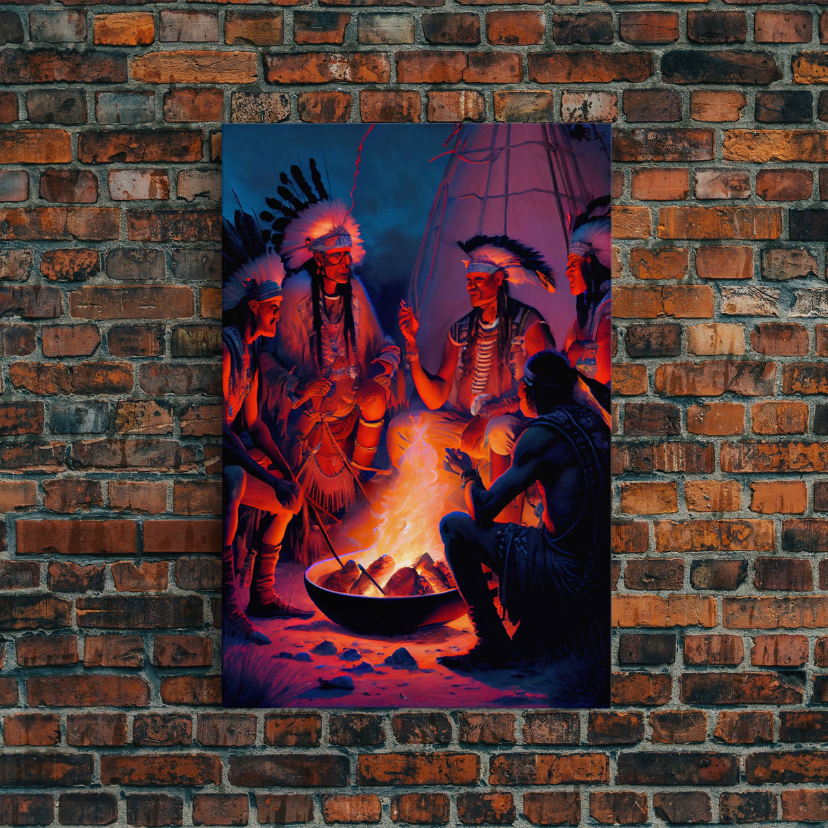 Wild West Decor, framed canvas print, Watercolor of Native Americans enjoying a campfire | | Wiccan Center