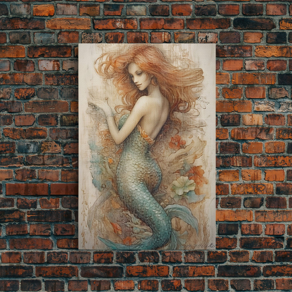 Fancy Mermaid Wall Art, 24" x 36" Canvas Print, French Style Poster Wall Art, Vintage Wall Hanging, Coastal Bathroom Decor | | Wiccan Center