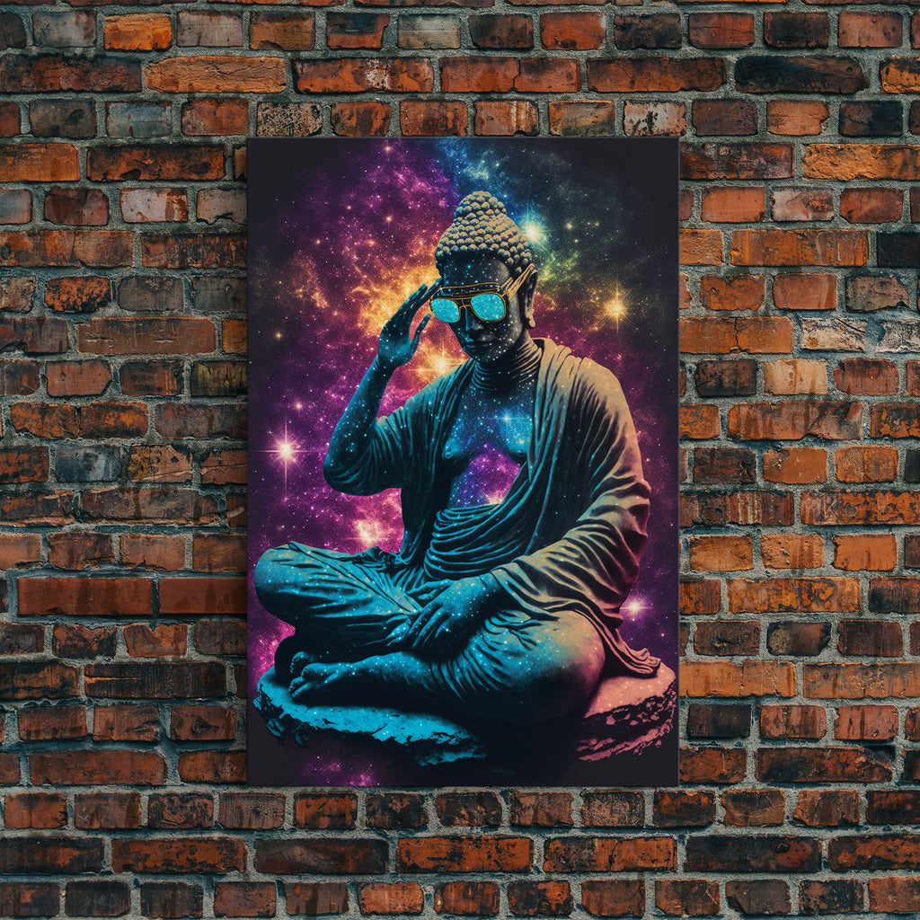 Psychedelic Buddha Wearing Aviators / Sunglasses, Meditation Art, Framed Canvas Print | | Wiccan Center