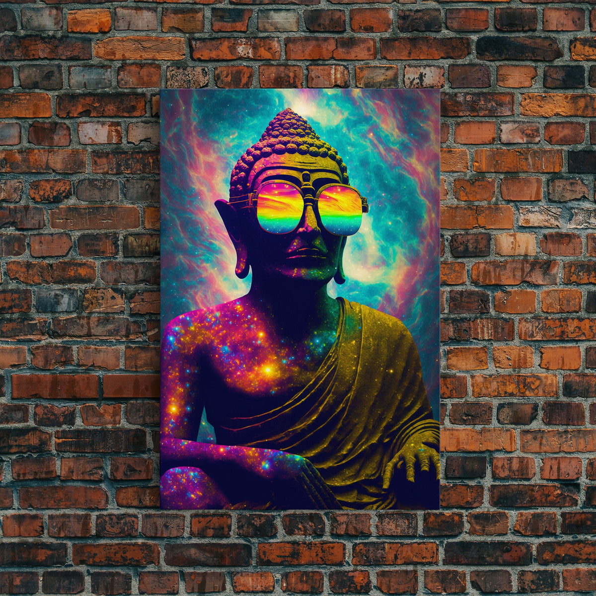 Open Your Mind, Psychedelic Buddha Wearing Aviators / Sunglasses, Meditation Art, Framed Canvas Print, Color Pop Art | | Wiccan Center