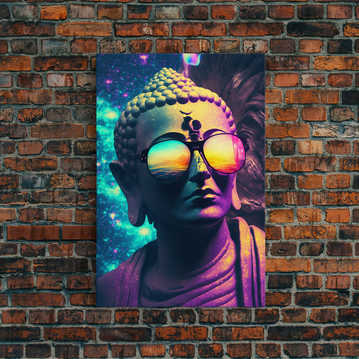 Open Your Mind, Psychedelic Buddha Statue Wearing Aviators / Sunglasses, Meditation Art, Framed Canvas Print, Color Pop Art | | Wiccan Center