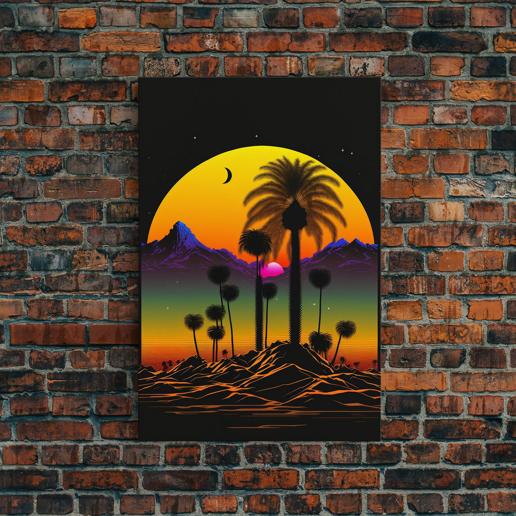 Pop Art Framed Canvas Print of Desert Landscape at Sunset, Outrun Style Sunset Full Moon Art, Unique 80s Vibe Retro Art | | Wiccan Center
