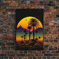 Pop Art Framed Canvas Print of Desert Landscape at Sunset, Outrun Style Sunset Full Moon Art, Unique 80s Vibe Retro Art | | Wiccan Center