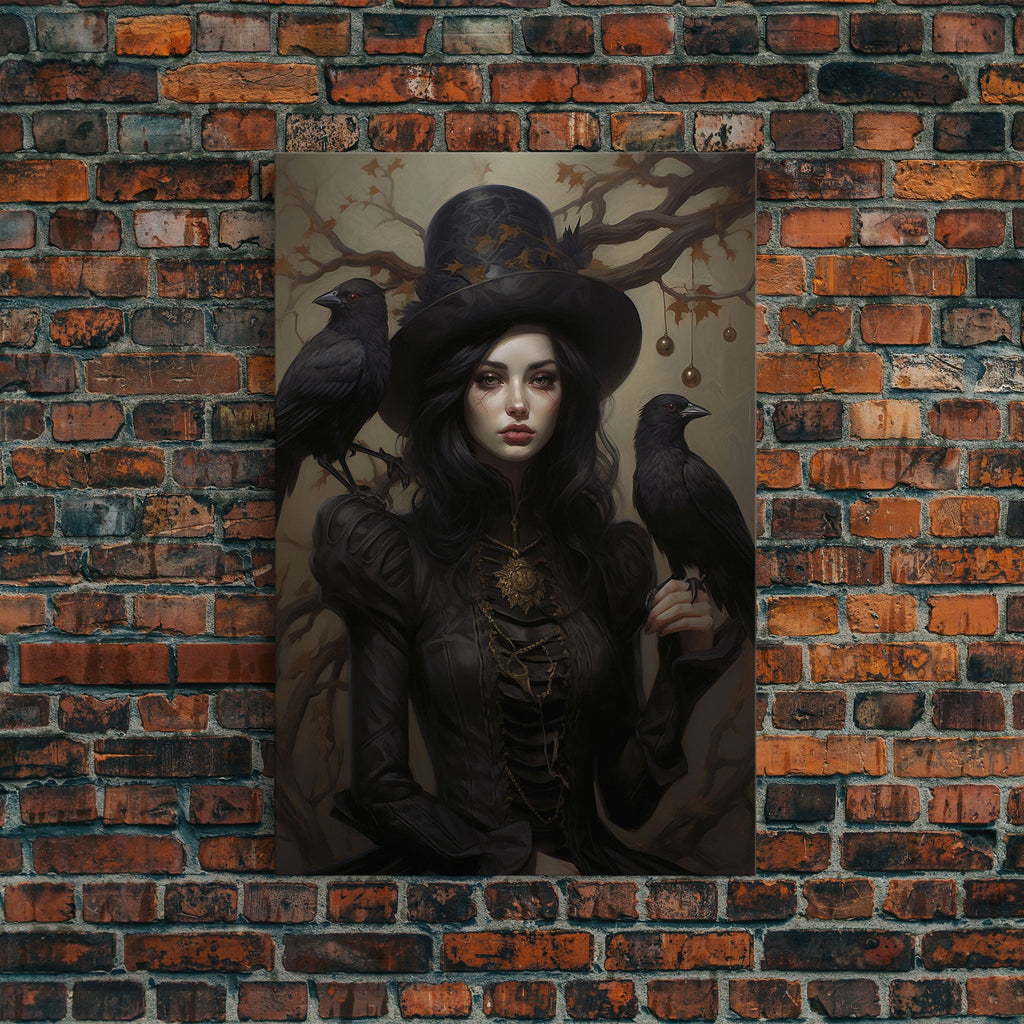 The Witch and Her Ravens, Framed Canvas, Oil Painting Print, Halloween Decor, Gothic Art, Dark Academia, Witchcraft Halloween Art | | Wiccan Center