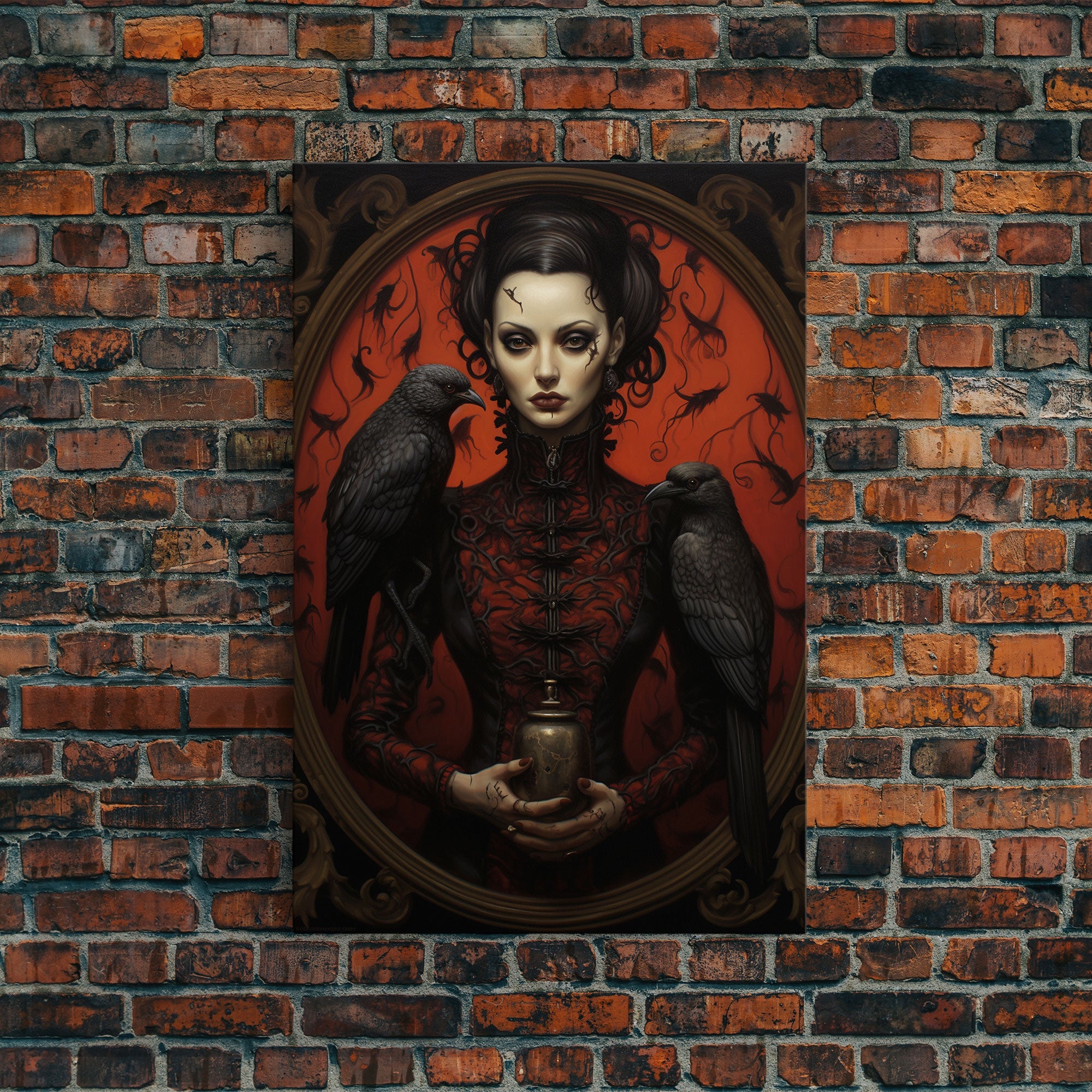 The Witch and Her Crows, Framed Canvas, Oil Painting Print, Halloween Decor, Gothic Art, Dark Academia, Witchcraft Halloween Art, Raven Art | | Wiccan Center