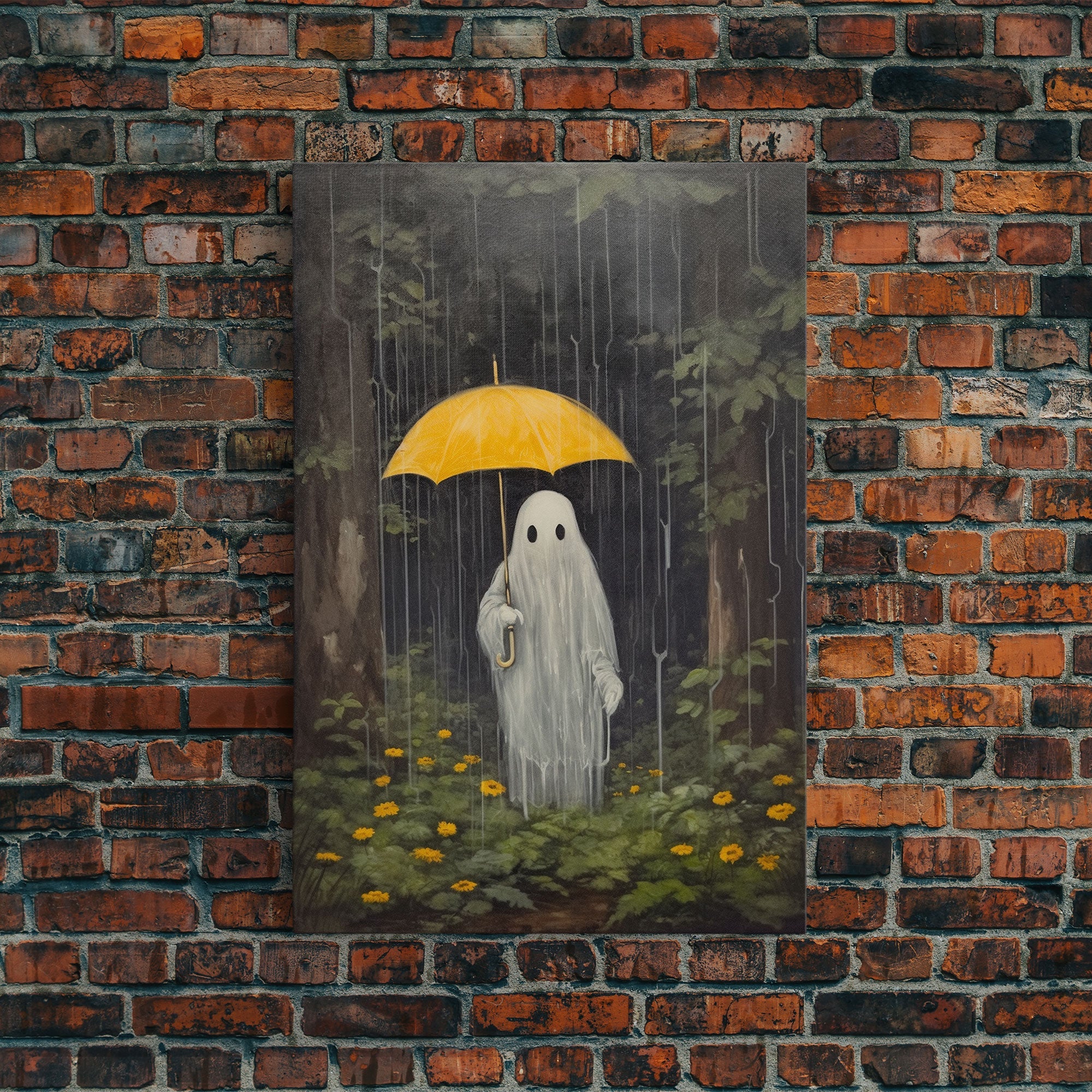 Spooky Ghost In The Rain, Vintage Halloween Art, Framed Canvas, Funny Halloween Decor, Ghost Print, Goth Art, Umbrella Ghost