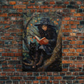 Cute Witch Reading Spells To Her Black Cat Familiar, Vintage Halloween Art, Framed Canvas Print, Halloween Canvas Art, Witchcraft | | Wiccan Center