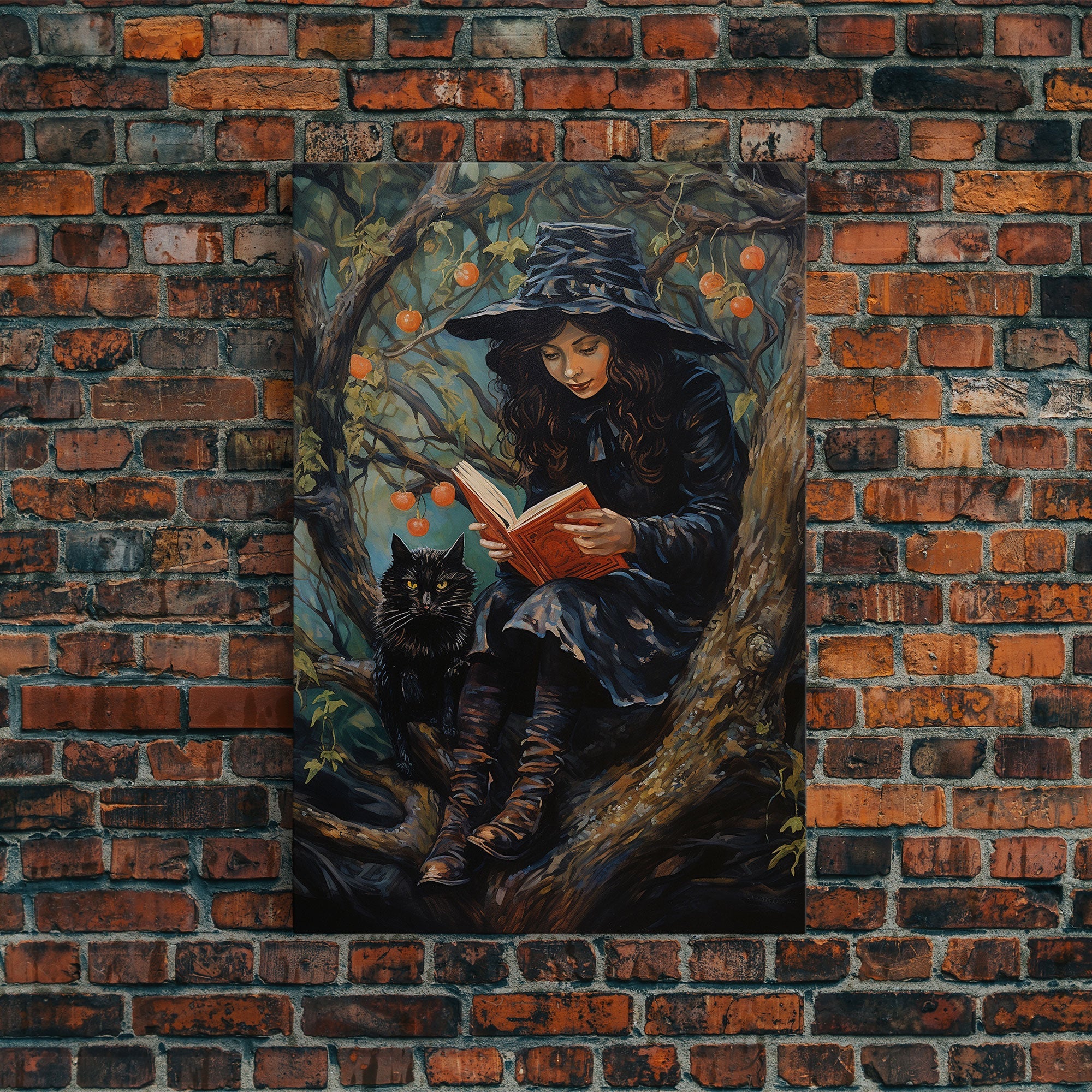 Cute Witch Reading Spells To Her Black Cat Familiar, Vintage Halloween Art, Framed Canvas Print, Halloween Canvas Art, Witchcraft | | Wiccan Center