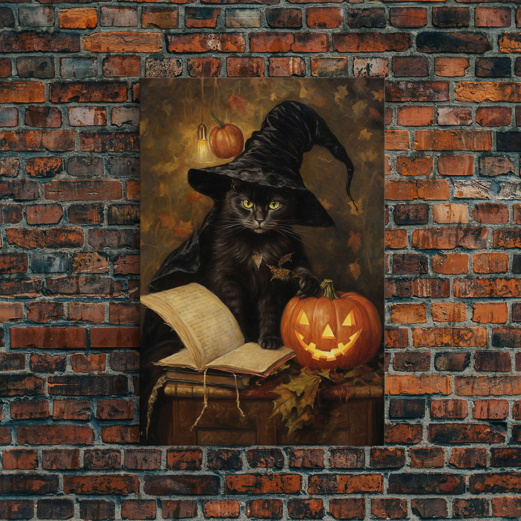 Cute Witch Cat Reading Her Book Of Spells, Vintage Halloween Art, Framed Canvas Print, Halloween Canvas Art, Witchcraft | | Wiccan Center