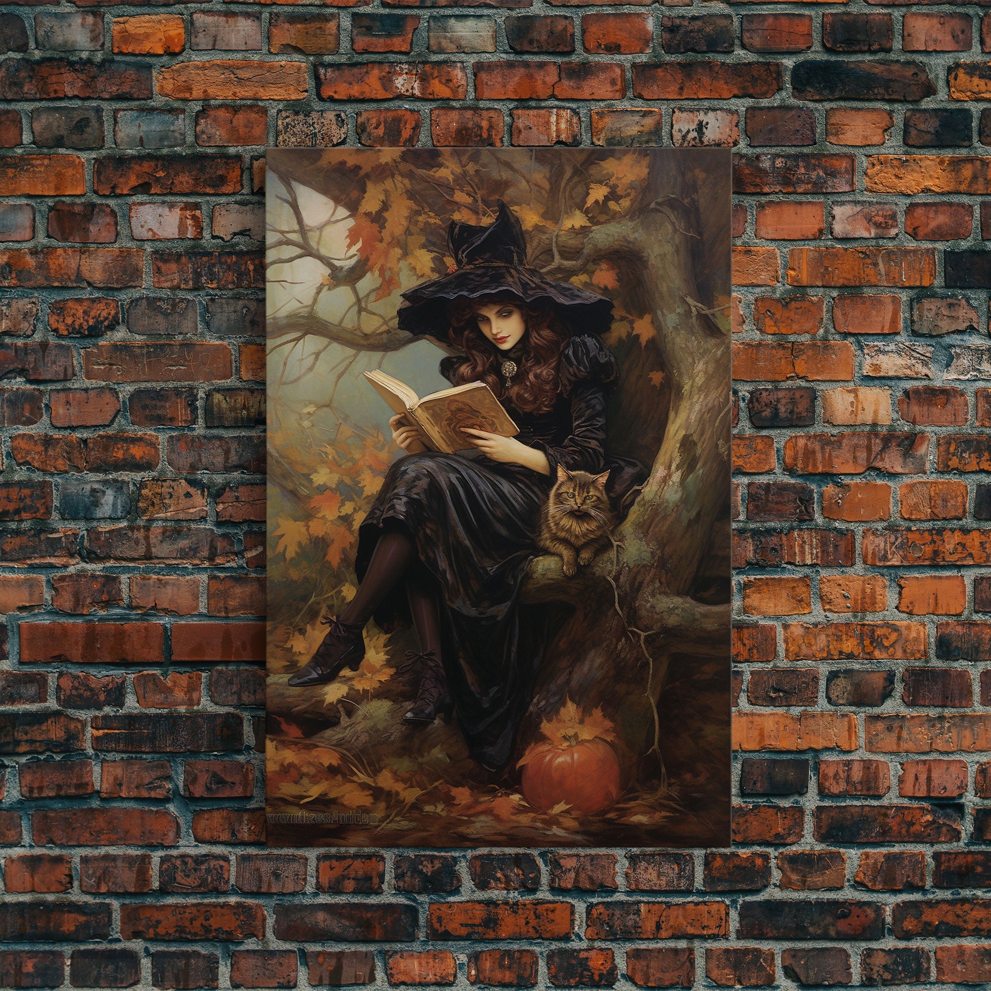 Pretty Witch Reading Spells To Her Black Cat Familiar, Vintage Halloween Art, Framed Canvas Print, Halloween Canvas Art, Witchcraft | | Wiccan Center