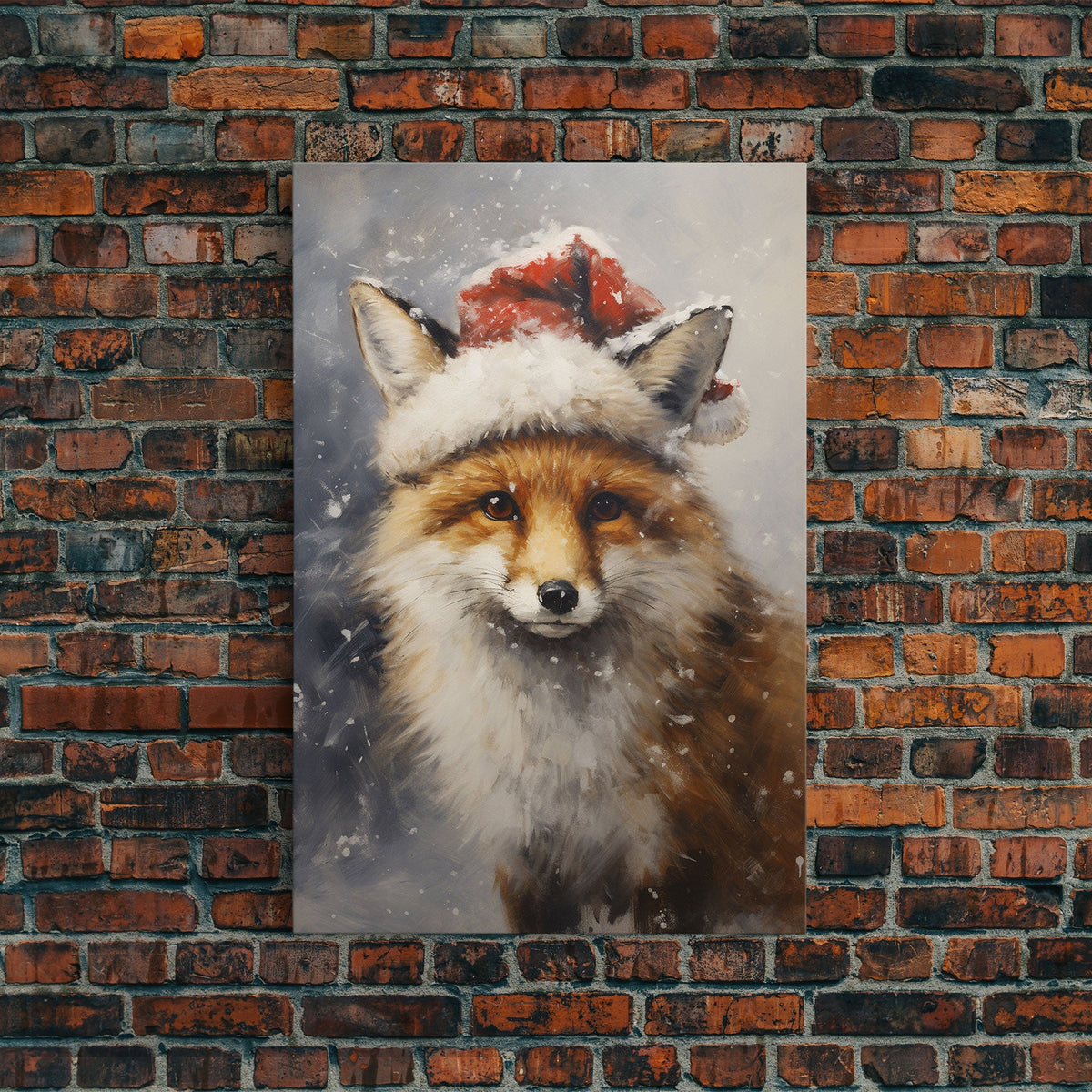 Cute Christmas Fox In A Santa Hat, Christmas Art, Christmas Decor, Christmas Wall Art, Farmhouse Christmas, Vintage Christmas, Fox Art