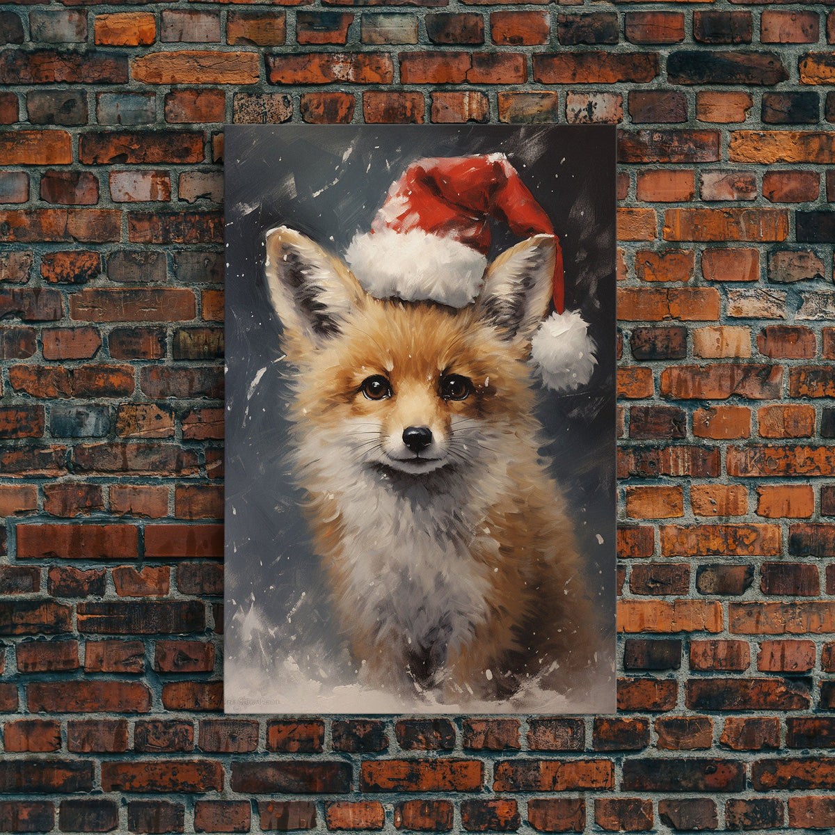 Cute Christmas Fox In A Santa Hat, Christmas Art, Christmas Decor, Christmas Wall Art, Farmhouse Christmas, Vintage Christmas, Fox Art