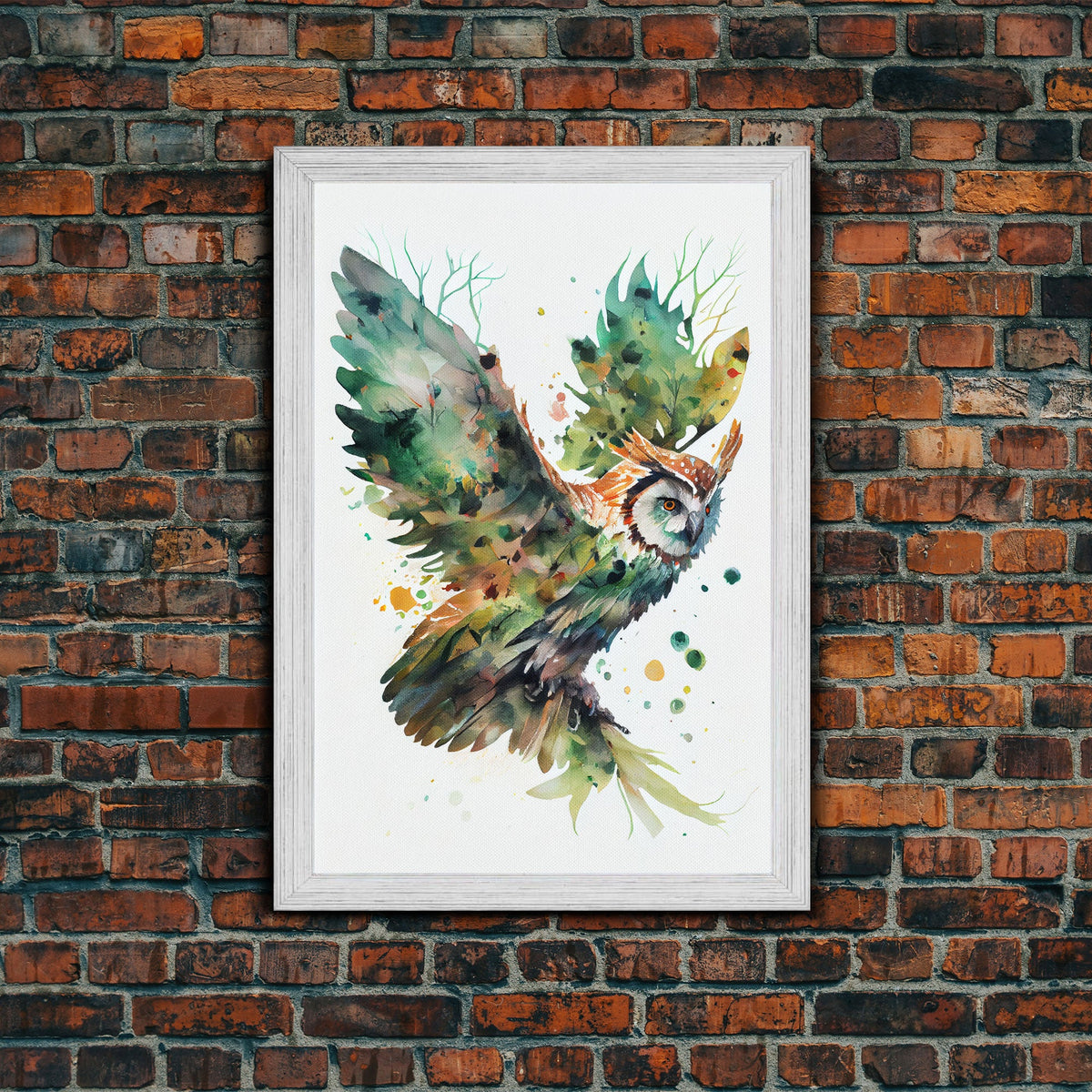 Owl made of leaves, watercolor of an owl flying, framed canvas print, farmhouse wall decor, Fall Decor, Fall Wall Art