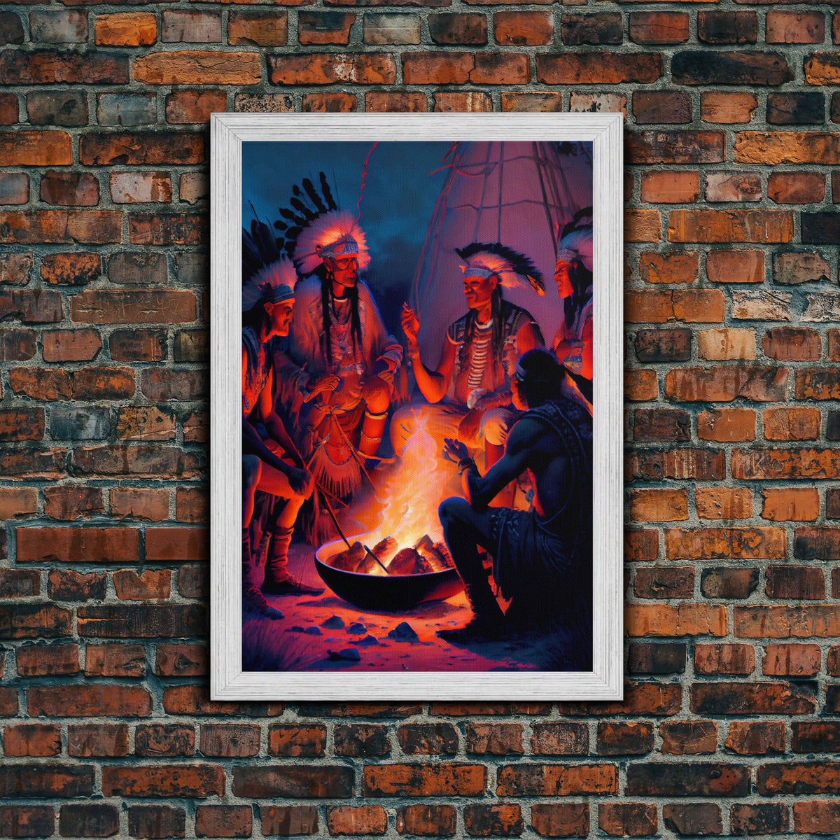 Wild West Decor, framed canvas print, Watercolor of Native Americans enjoying a campfire | | Wiccan Center