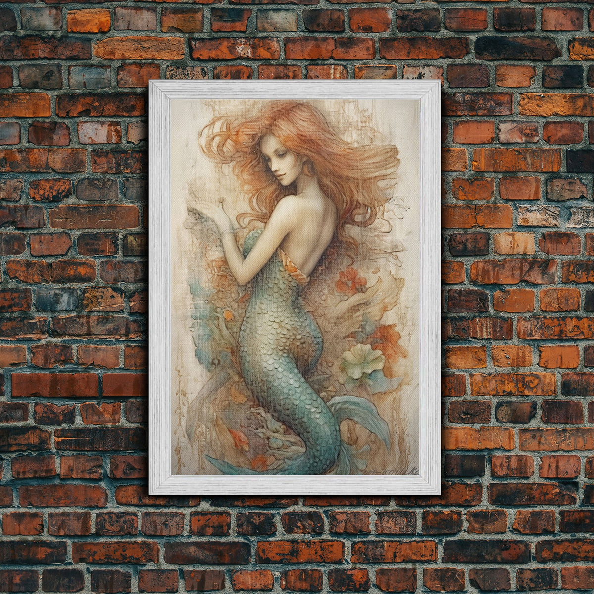 Fancy Mermaid Wall Art, 24" x 36" Canvas Print, French Style Poster Wall Art, Vintage Wall Hanging, Coastal Bathroom Decor | | Wiccan Center