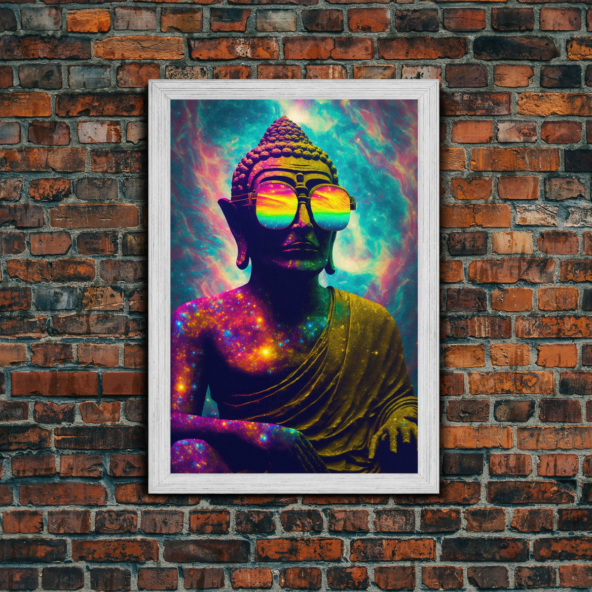 Open Your Mind, Psychedelic Buddha Wearing Aviators / Sunglasses, Meditation Art, Framed Canvas Print, Color Pop Art | | Wiccan Center