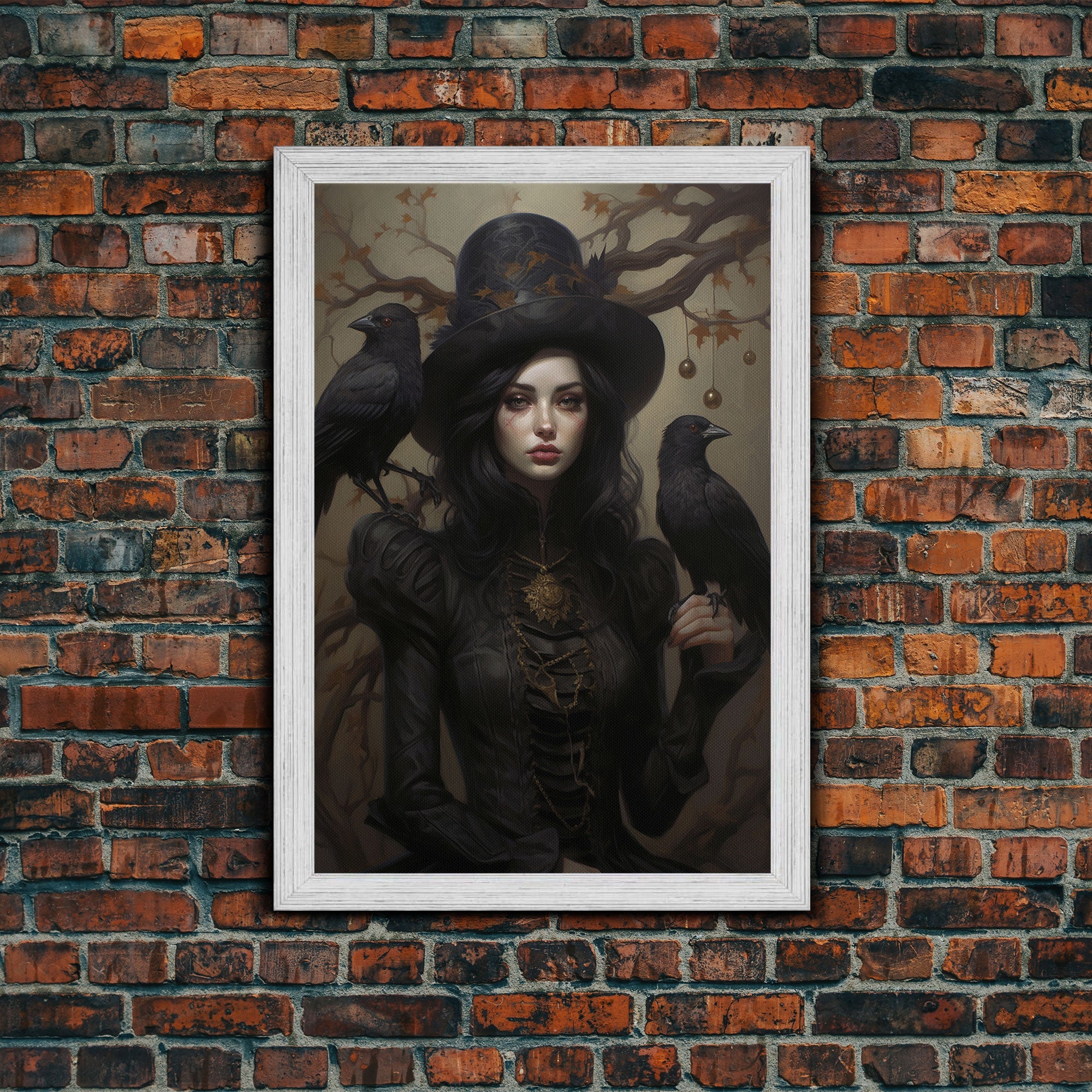 The Witch and Her Ravens, Framed Canvas, Oil Painting Print, Halloween Decor, Gothic Art, Dark Academia, Witchcraft Halloween Art | | Wiccan Center