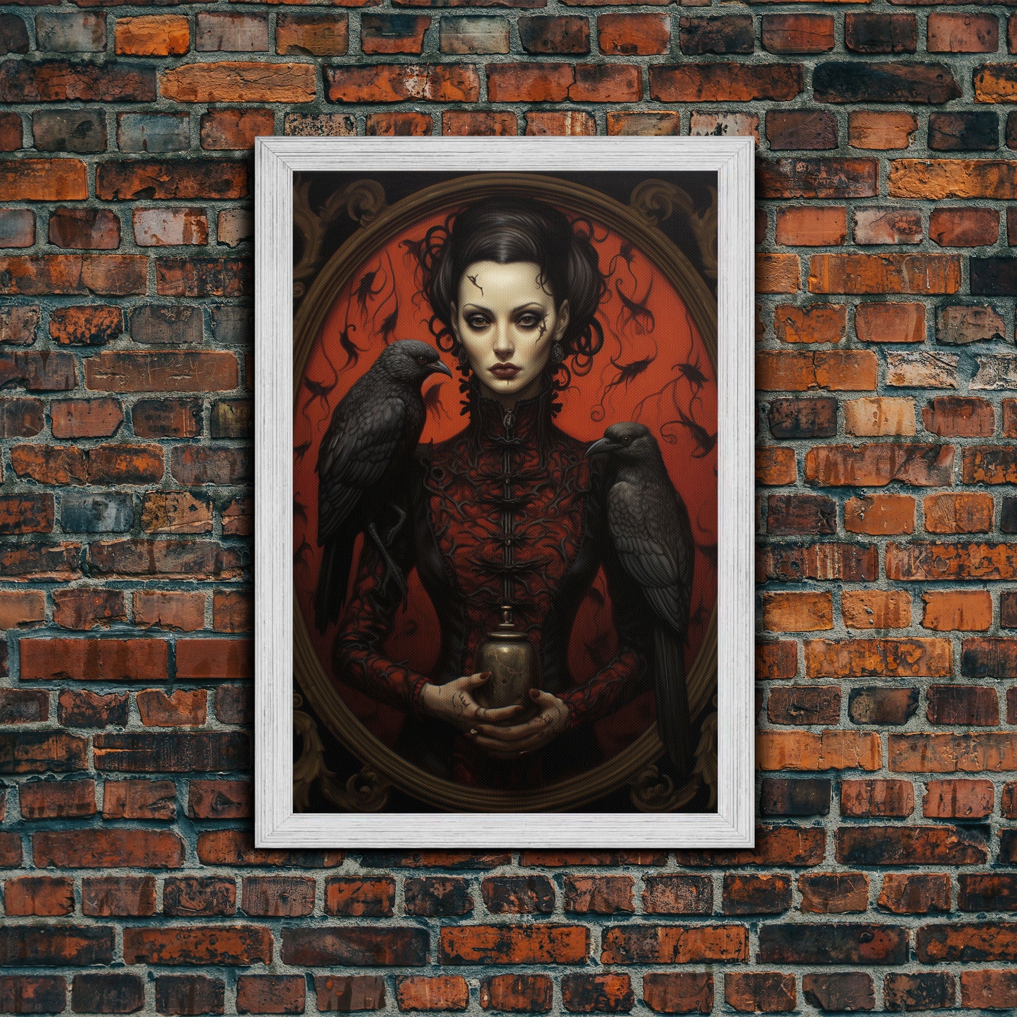 The Witch and Her Crows, Framed Canvas, Oil Painting Print, Halloween Decor, Gothic Art, Dark Academia, Witchcraft Halloween Art, Raven Art | | Wiccan Center