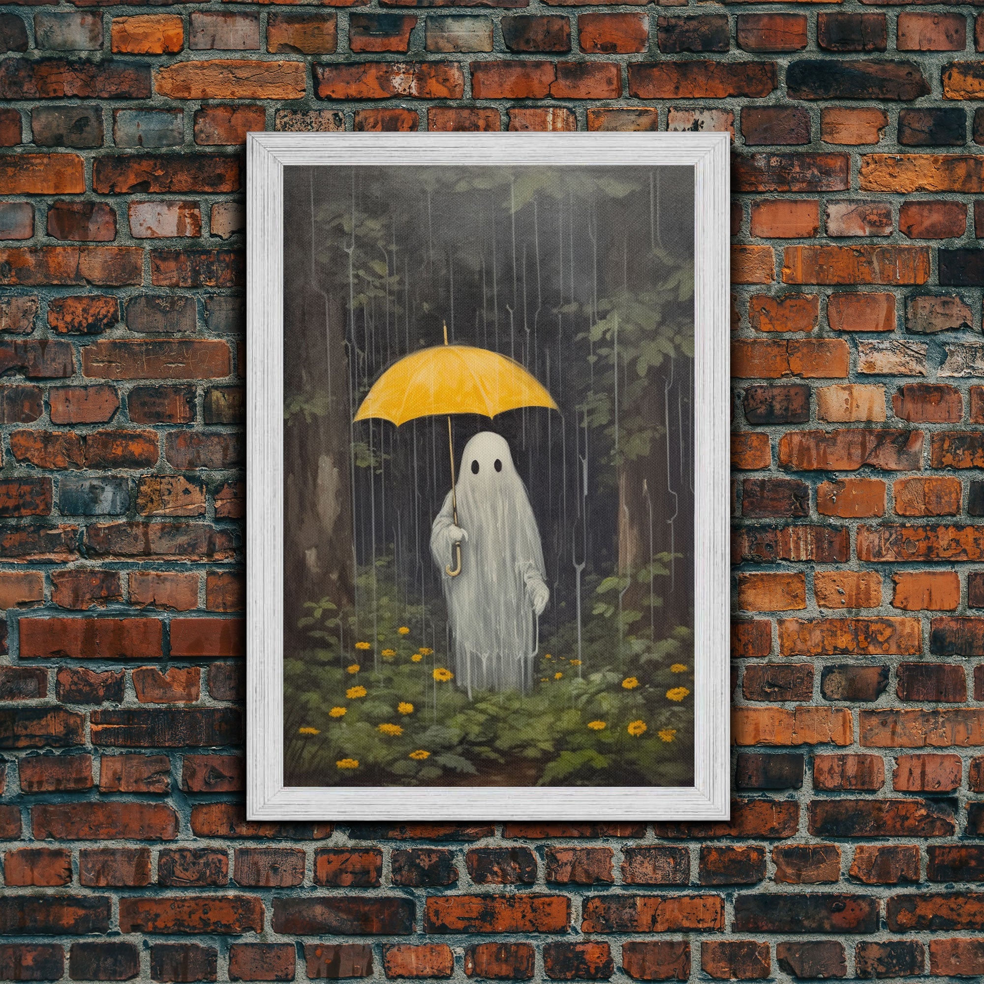 Spooky Ghost In The Rain, Vintage Halloween Art, Framed Canvas, Funny Halloween Decor, Ghost Print, Goth Art, Umbrella Ghost