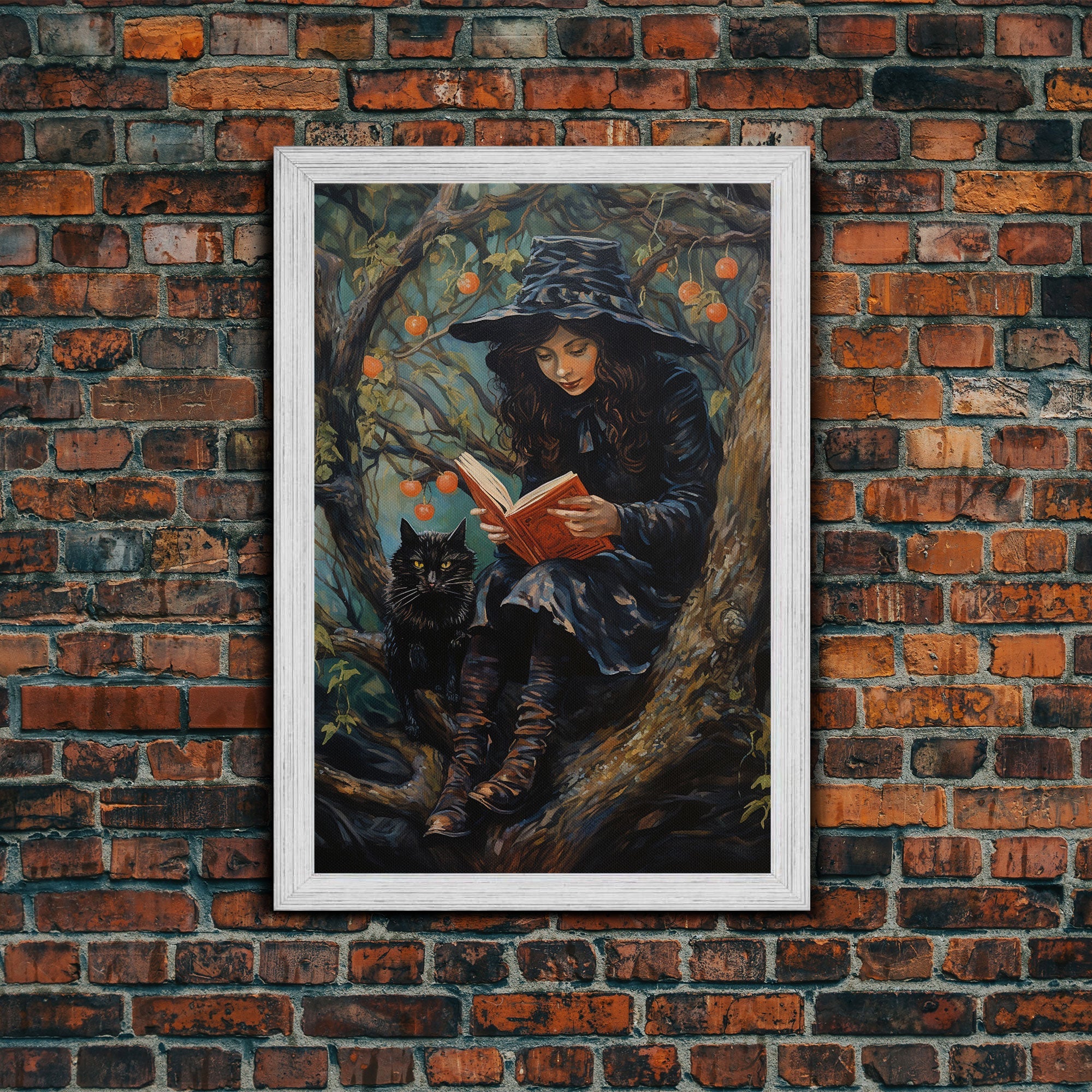 Cute Witch Reading Spells To Her Black Cat Familiar, Vintage Halloween Art, Framed Canvas Print, Halloween Canvas Art, Witchcraft | | Wiccan Center