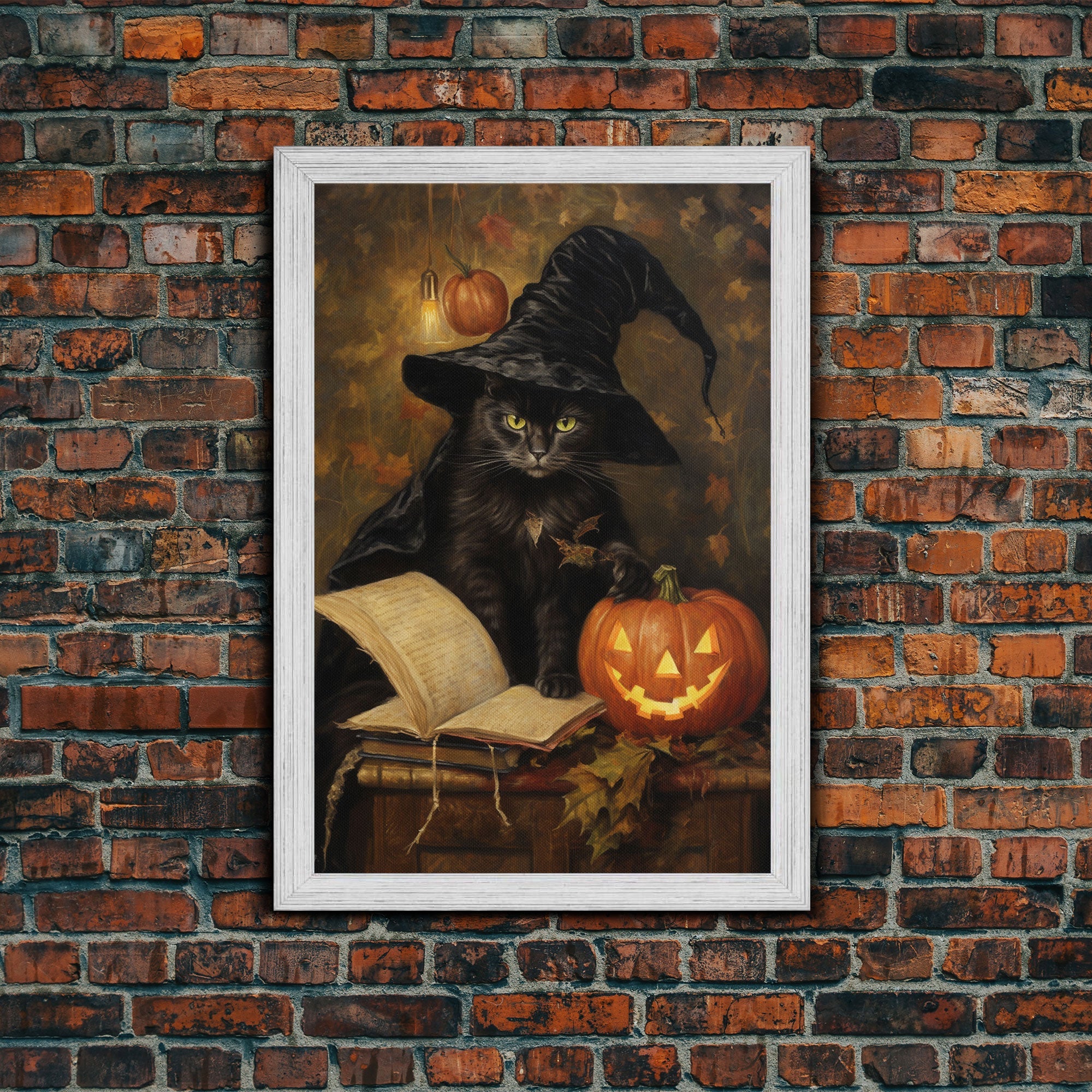 Cute Witch Cat Reading Her Book Of Spells, Vintage Halloween Art, Framed Canvas Print, Halloween Canvas Art, Witchcraft | | Wiccan Center