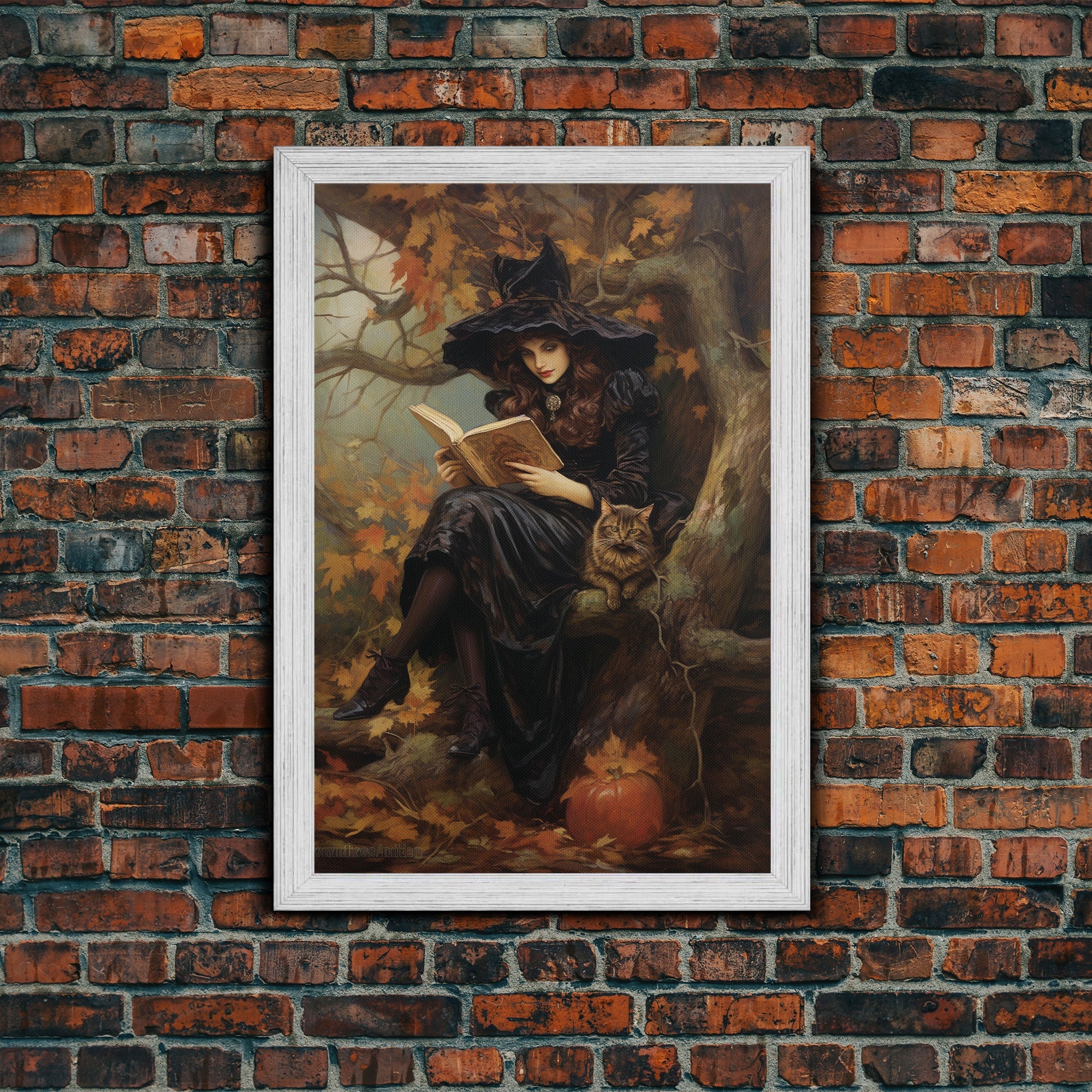 Pretty Witch Reading Spells To Her Black Cat Familiar, Vintage Halloween Art, Framed Canvas Print, Halloween Canvas Art, Witchcraft | | Wiccan Center