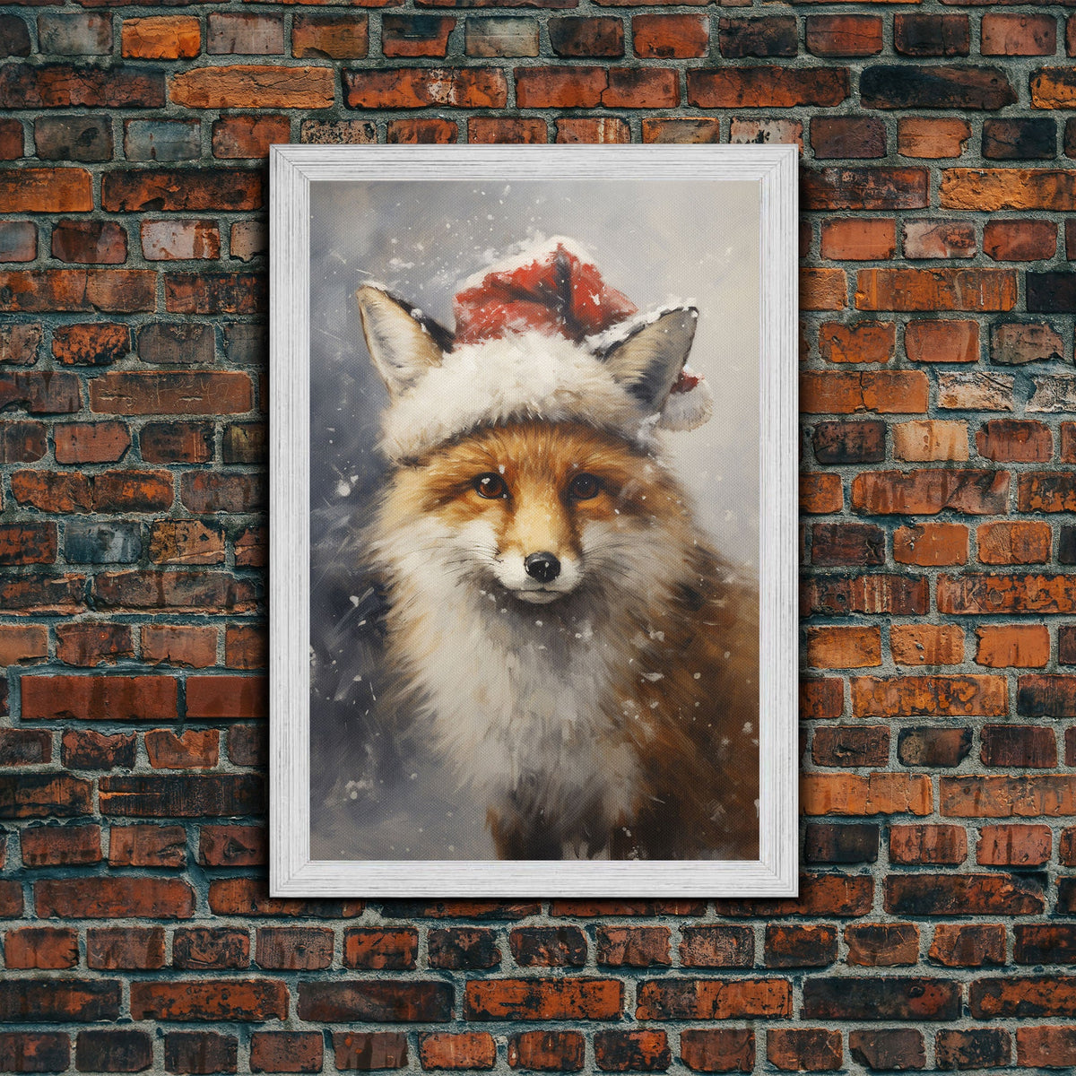 Cute Christmas Fox In A Santa Hat, Christmas Art, Christmas Decor, Christmas Wall Art, Farmhouse Christmas, Vintage Christmas, Fox Art