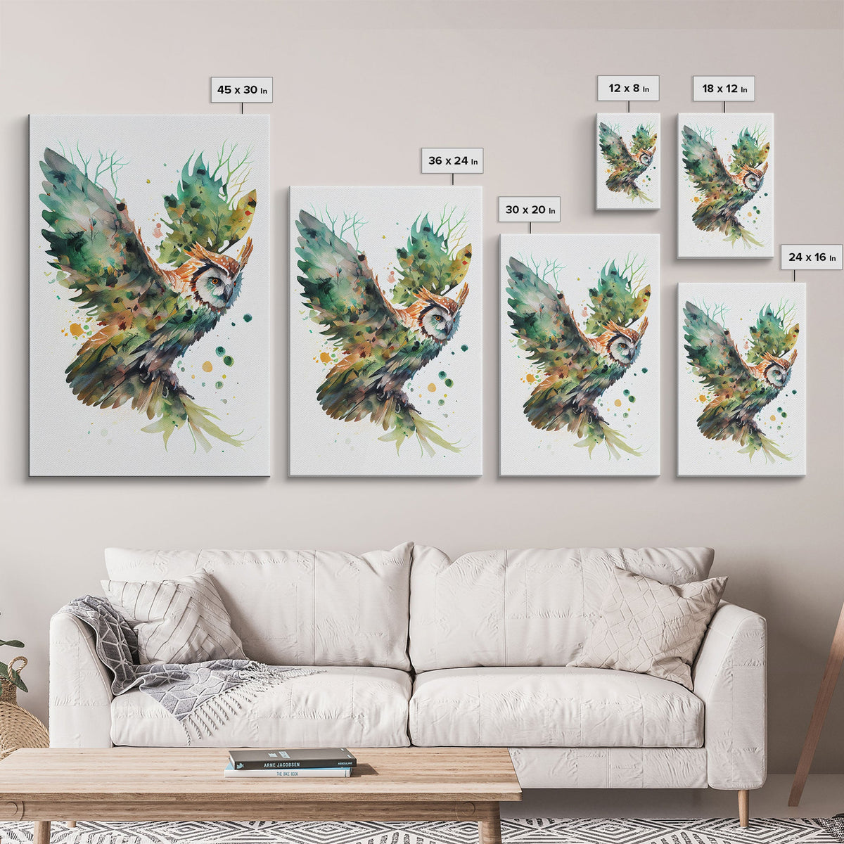 Owl made of leaves, watercolor of an owl flying, framed canvas print, farmhouse wall decor, Fall Decor, Fall Wall Art