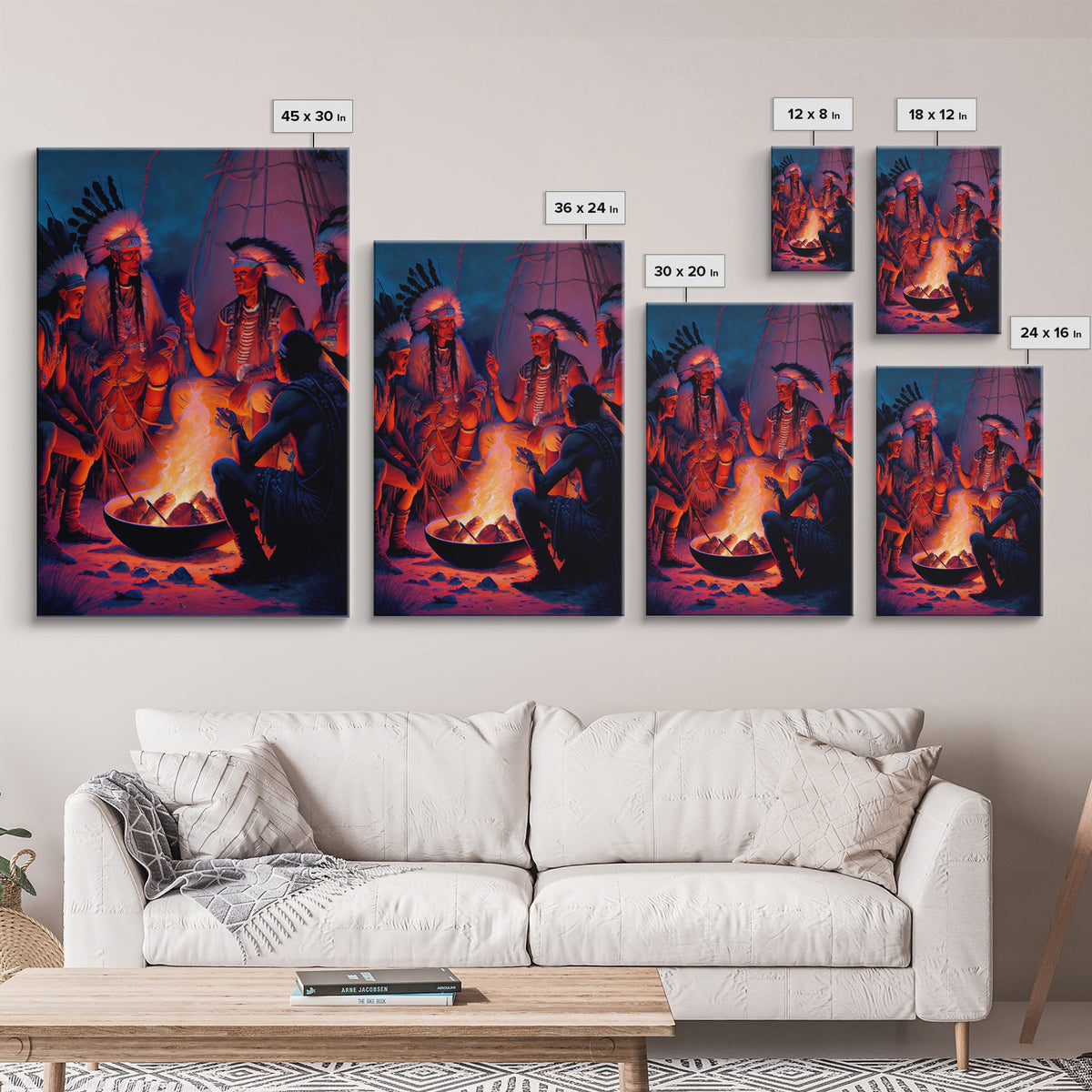 Wild West Decor, framed canvas print, Watercolor of Native Americans enjoying a campfire | | Wiccan Center