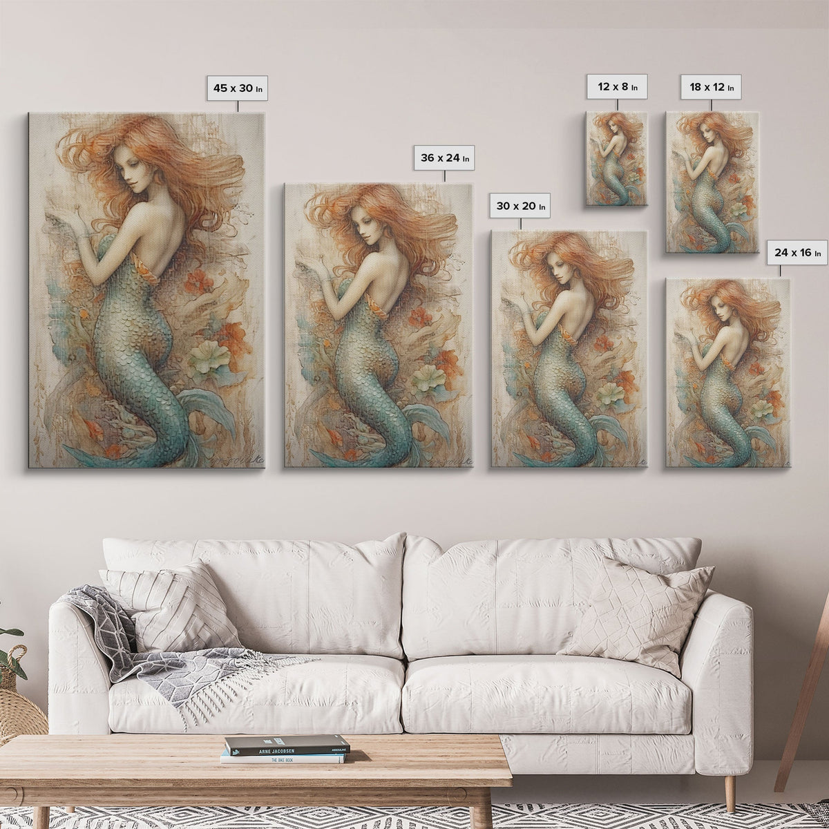 Fancy Mermaid Wall Art, 24" x 36" Canvas Print, French Style Poster Wall Art, Vintage Wall Hanging, Coastal Bathroom Decor | | Wiccan Center