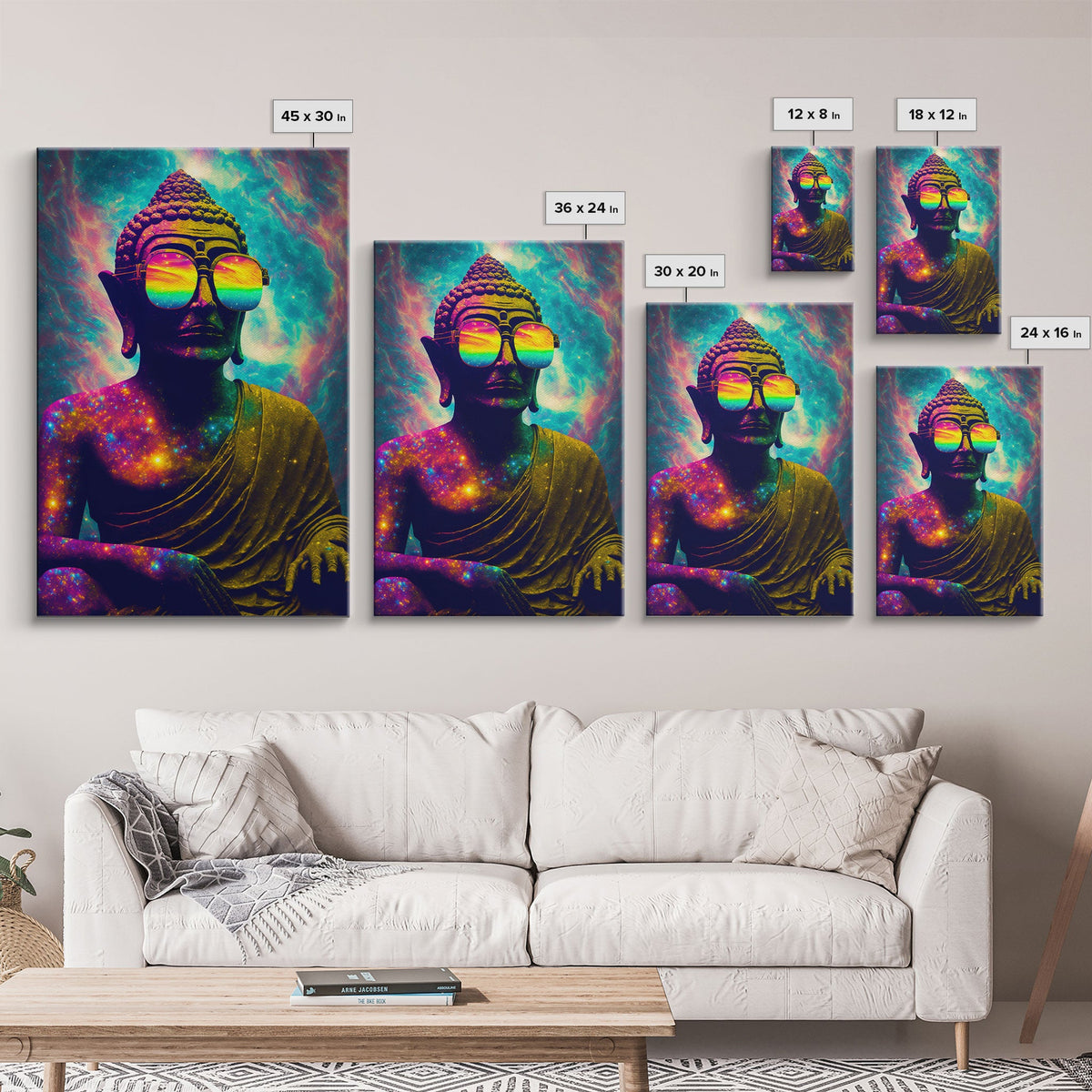 Open Your Mind, Psychedelic Buddha Wearing Aviators / Sunglasses, Meditation Art, Framed Canvas Print, Color Pop Art | | Wiccan Center