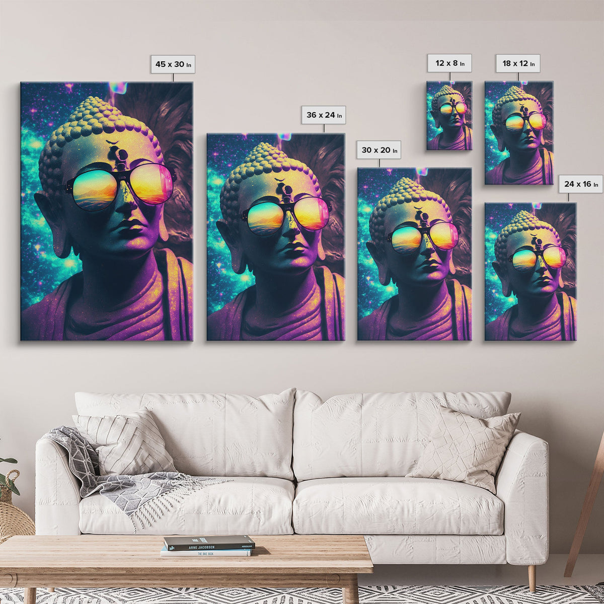 Open Your Mind, Psychedelic Buddha Statue Wearing Aviators / Sunglasses, Meditation Art, Framed Canvas Print, Color Pop Art | | Wiccan Center