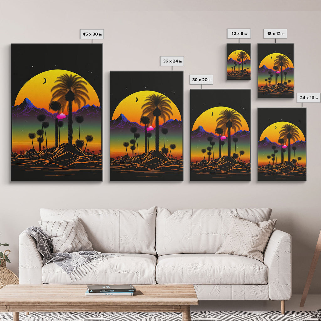Pop Art Framed Canvas Print of Desert Landscape at Sunset, Outrun Style Sunset Full Moon Art, Unique 80s Vibe Retro Art | | Wiccan Center