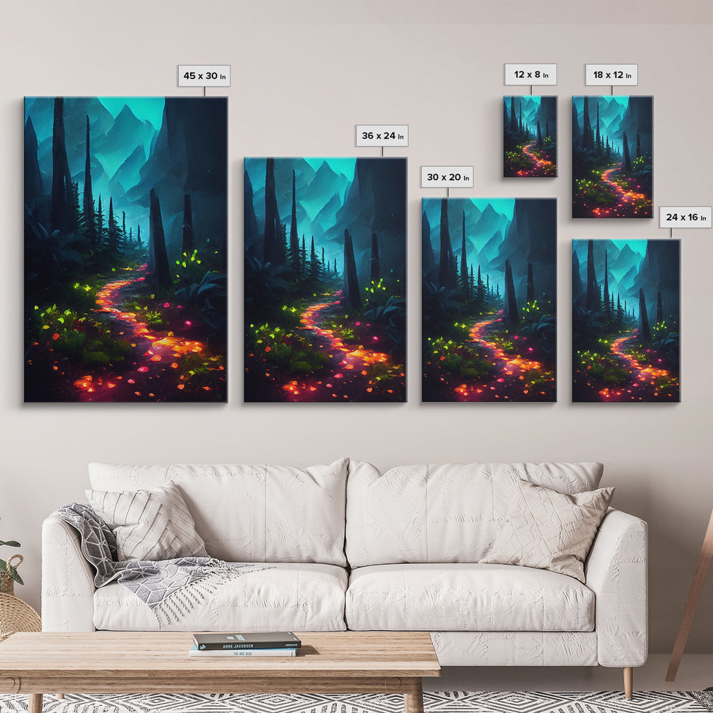 Luminescent magical forest canvas print, glowing trail though the trees, fantasy art, gloomy wall art, dark decor | | Wiccan Center