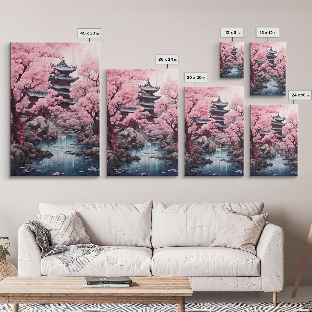Pagoda Wall Art, Japanese Wall Art, Asian Art, Cherry Blossom Tree, Canvas Print, Wall Art, Vertical Art, Engagement Gift, Prints Wall Art | | Wiccan Center