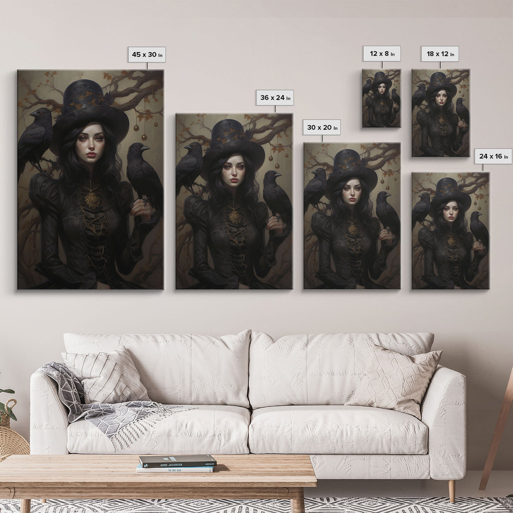 The Witch and Her Ravens, Framed Canvas, Oil Painting Print, Halloween Decor, Gothic Art, Dark Academia, Witchcraft Halloween Art | | Wiccan Center