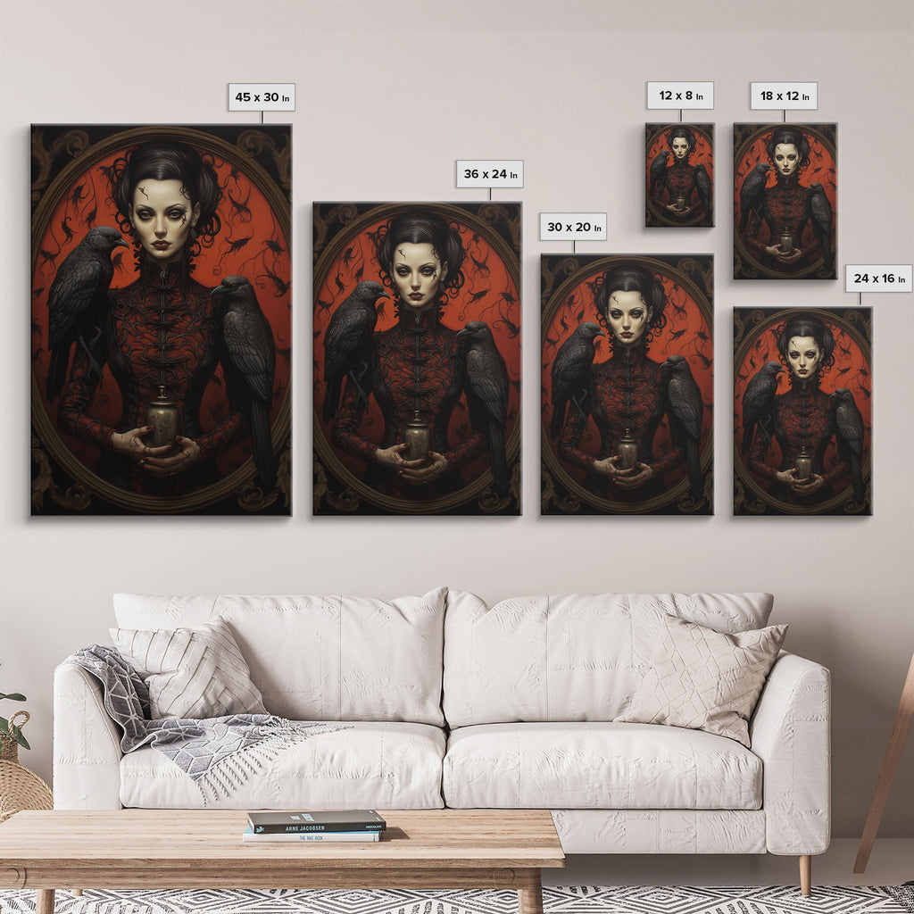 The Witch and Her Crows, Framed Canvas, Oil Painting Print, Halloween Decor, Gothic Art, Dark Academia, Witchcraft Halloween Art, Raven Art | | Wiccan Center