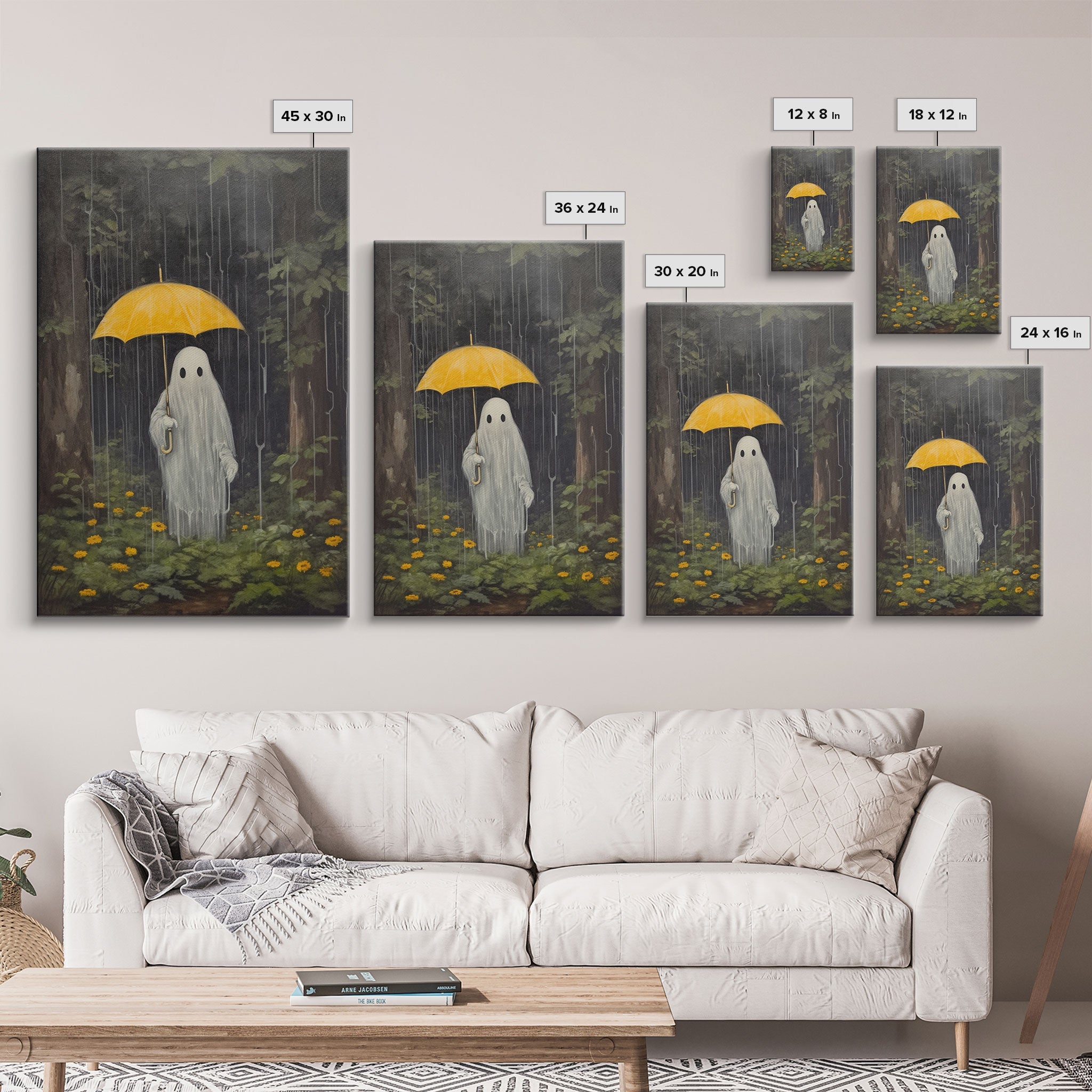Spooky Ghost In The Rain, Vintage Halloween Art, Framed Canvas, Funny Halloween Decor, Ghost Print, Goth Art, Umbrella Ghost